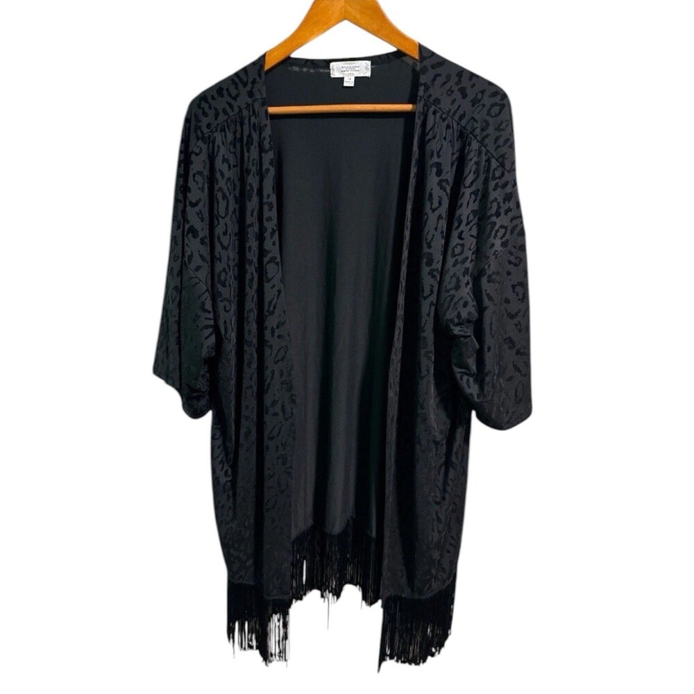Shannon Ford 1X Black Velvet Burnout Kimono Duster Fringe Open Front Boho